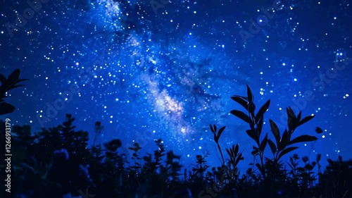 Serene Nightscape, Starry Cosmos above Whispering Flora Silhouettes