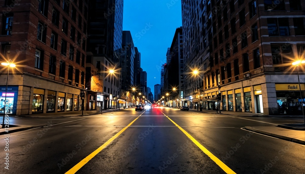 A city street at night with yellow painted lines on it. A city street at night with yellow painted lines on it.