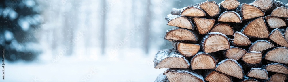 Fototapeta premium Stacked Firewood in Snowy Forest During Winter Season with Soft Focus Background of Frosty Trees