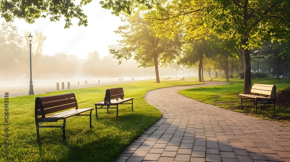 Serene morning in a park with benches lining a winding path surrounded by lush greenery