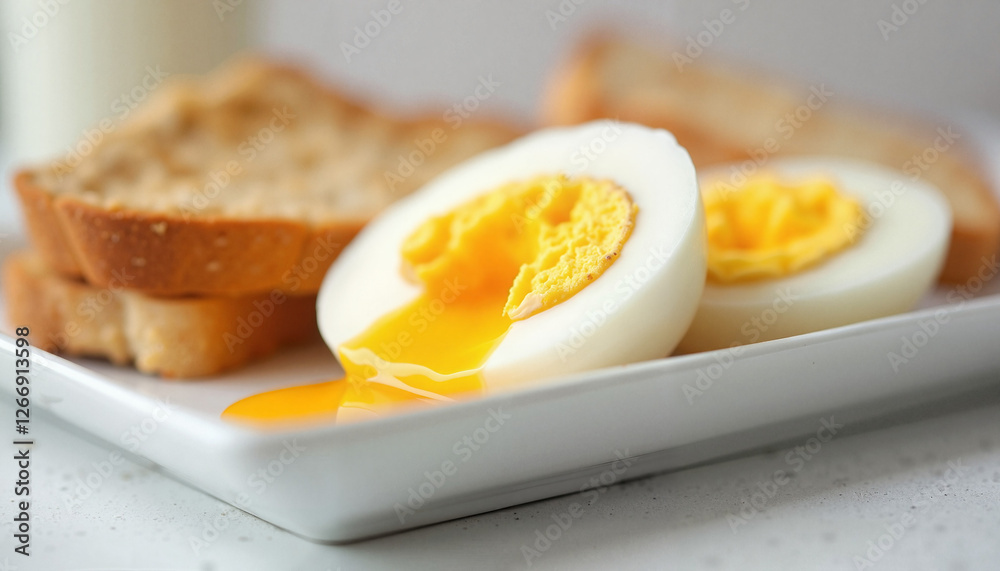Soft-boiled eggs with runny yolk served with toasted bread on a white plate for culinary concept