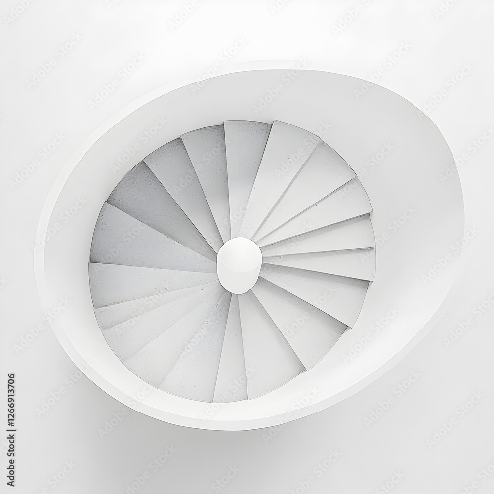 Obraz premium Turbine Engine Fan: A captivating, high-angle shot of a turbine engine fan, showcasing its intricate design and pristine structure. The image focuses on the fan's blades.