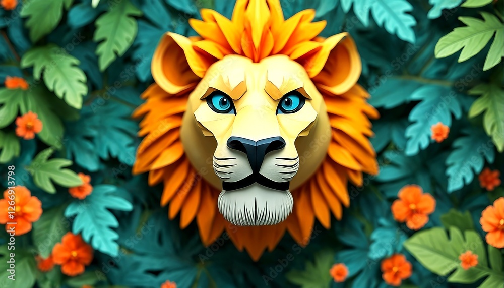 An illustration of a lion's face surrounded by leaves and flowers. An illustration of a lion's face surrounded by leaves and flowers.