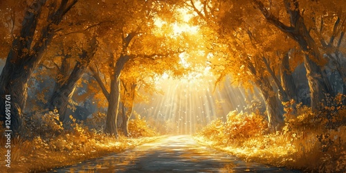 Golden autumn forest path illuminated by sunlight through trees