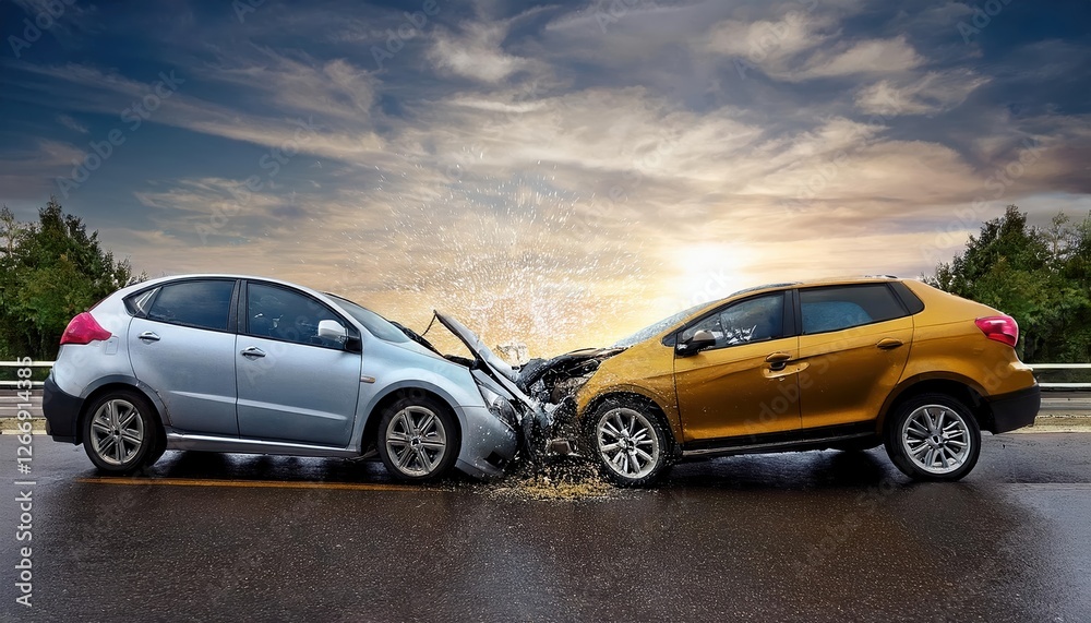 Collision of two cars on a highway at high speed causing extensive damage during dusk with dramatic cloud formations in the sky Collision of two cars on a highway at high speed causing extensive damage during dusk with dramatic cloud formations in the sky