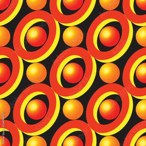 Abstract Golden Rings and Balls Seamless Pattern, 3D Illustration on Black Background