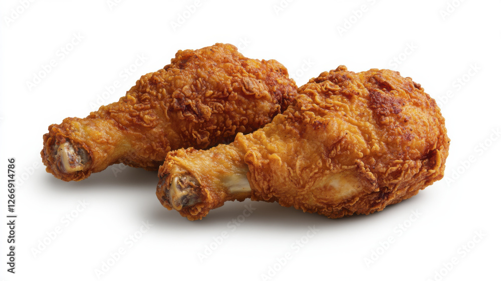 Crispy fried chicken drumsticks on white background, perfect for meals Crispy fried chicken drumsticks on white background, perfect for meals