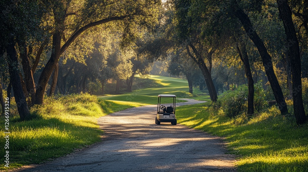 Obraz premium Golf cart on a path through a sunlit wooded area