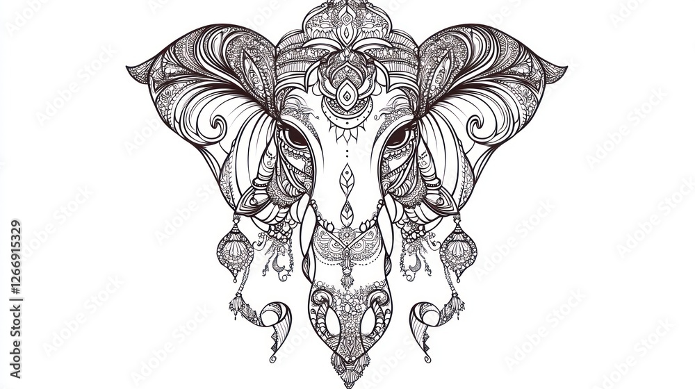Fototapeta premium Ornate elephant head, detailed design, white background, spiritual art