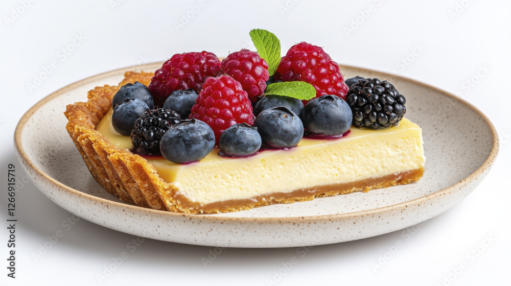 Delicious cheesecake slice topped with fresh berries and mint leaves