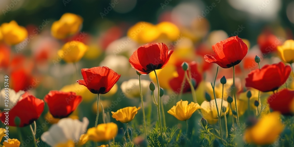 Fototapeta premium Vibrant field of red and yellow poppies blooming in sunlight during spring season