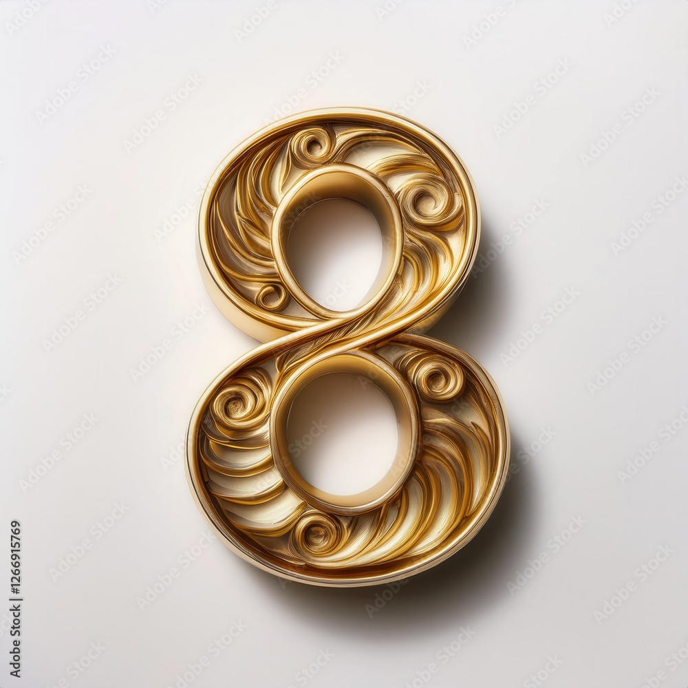 Elegant gold metal number eight with intricate spiral engraving against a light background Elegant gold metal number eight with intricate spiral engraving against a light background