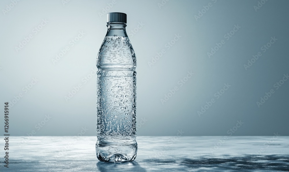 Clear plastic water bottle with bubbles on a reflective surface Clear plastic water bottle with bubbles on a reflective surface
