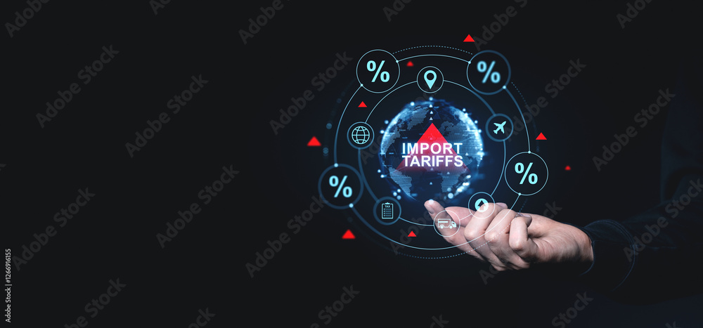 Fototapeta premium Import tariffs increase concept with digital interface and percentage symbols.