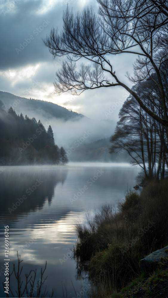 Fototapeta premium Misty lake landscape with silhouettes of trees and reflections under cloudy sky