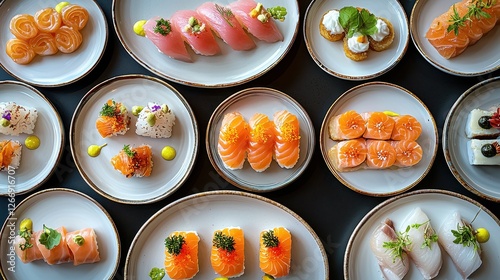 A vibrant assortment of sushi dishes beautifully arranged on elegant plates, showcasing a variety of colors, textures, and flavors.
