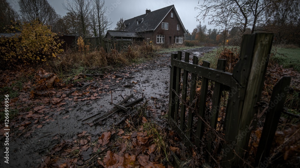Rural autumn house, muddy path, gate, overcast Rural autumn house, muddy path, gate, overcast