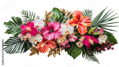 Exotic Hibiscus Floral Arrangement with Golden Tropical Leaves