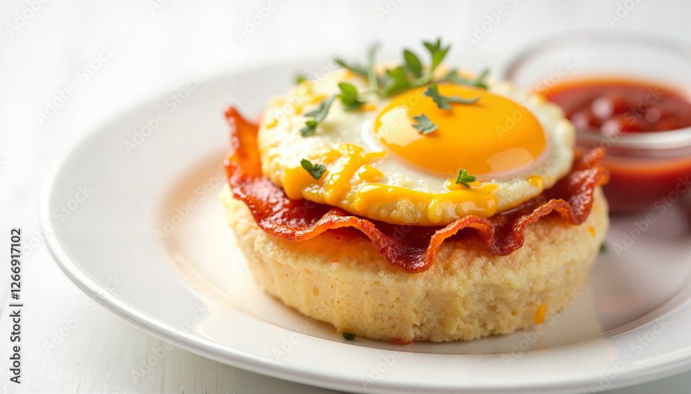 Egg muffin with bacon and cheese topped with a sunny-side up egg on a white plate with ketchup for culinary concept Egg muffin with bacon and cheese topped with a sunny-side up egg on a white plate with ketchup for culinary concept