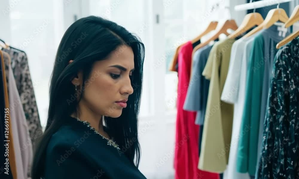 woman looks unhappy while browsing clothes in a store. The woman carefully examines outfits, feeling uncertain about her choice. A thoughtful woman in a boutique faces a shopping dilemma. woman looks unhappy while browsing clothes in a store. The woman carefully examines outfits, feeling uncertain about her choice. A thoughtful woman in a boutique faces a shopping dilemma.