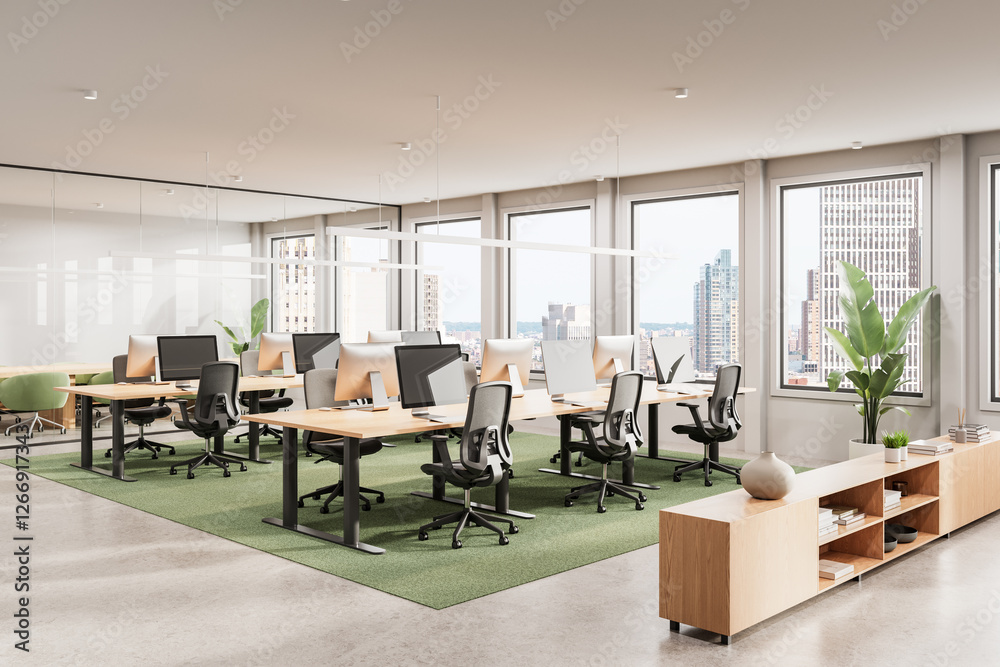 Fototapeta premium Modern open-plan office interior with wooden desks and ergonomic chairs. 3D Rendering