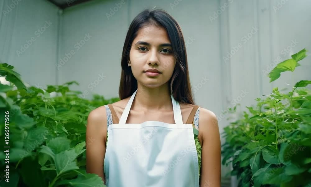 young Asian girl works in a greenhouse, surrounded by plants. young Asian woman nurtures crops greenhouse, fertilizes the soil, and monitors growth. Woman engages eco-friendly farming greenhouse young Asian girl works in a greenhouse, surrounded by plants. young Asian woman nurtures crops greenhouse, fertilizes the soil, and monitors growth. Woman engages eco-friendly farming greenhouse