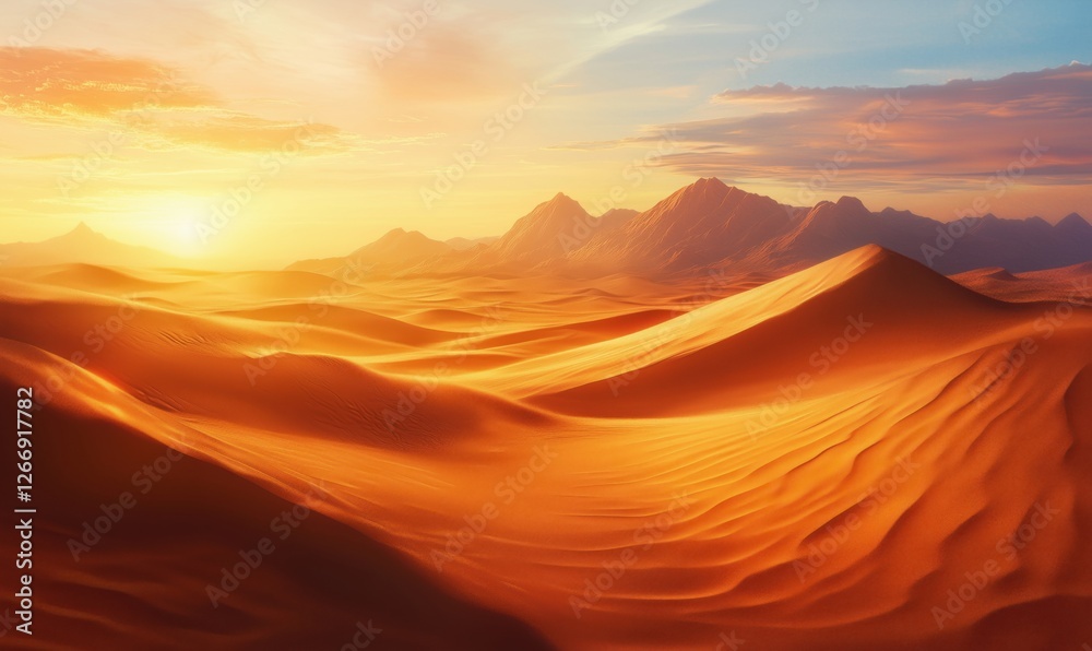 Naklejka premium Stunning desert landscape at sunset with golden sand dunes and distant mountains