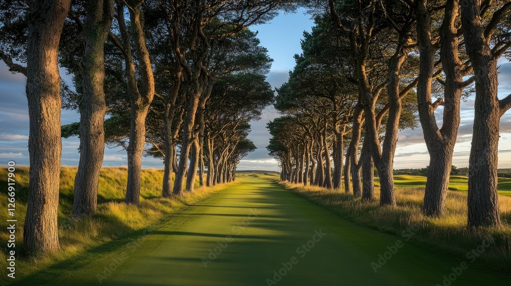 Sunlit Pathway Through Tall Trees On A Golf Course Sunlit Pathway Through Tall Trees On A Golf Course