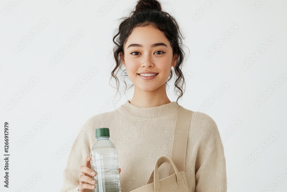 A young woman with a happy expression holds a water bottle and a tote bag, promoting eco-friendly habits. A young woman with a happy expression holds a water bottle and a tote bag, promoting eco-friendly habits.