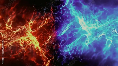 Fiery Abstract Duality, Red and Blue Energy Clash Visual Animation