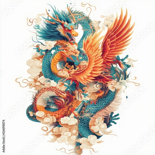 Wallpaper Mural Mystical dragon and phoenix intertwined in clouds, ideal for fantasy themed project Torontodigital.ca