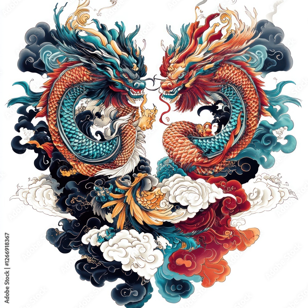 custom made wallpaper toronto digitalTwo entwined dragons face each other in a display of stylized movement, set against clouds