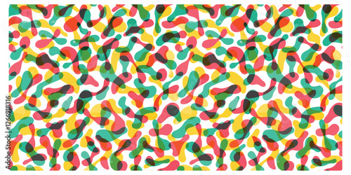 Colorful abstract pattern featuring overlapping blobs in red, yellow, green, and black on a white background.