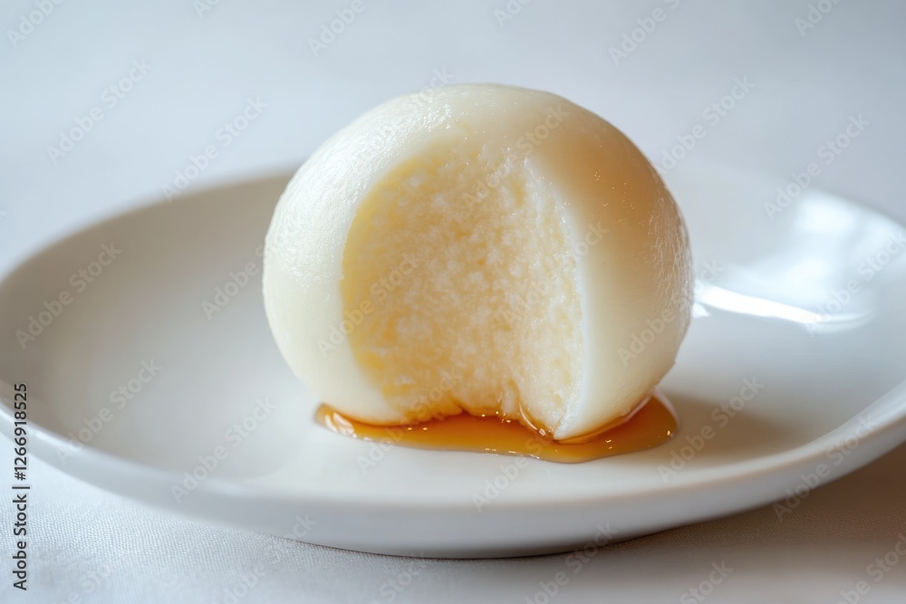 A bite of creamy, white mochi served on a white plate with a drizzle of amber-colored syrup. A bite of creamy, white mochi served on a white plate with a drizzle of amber-colored syrup.