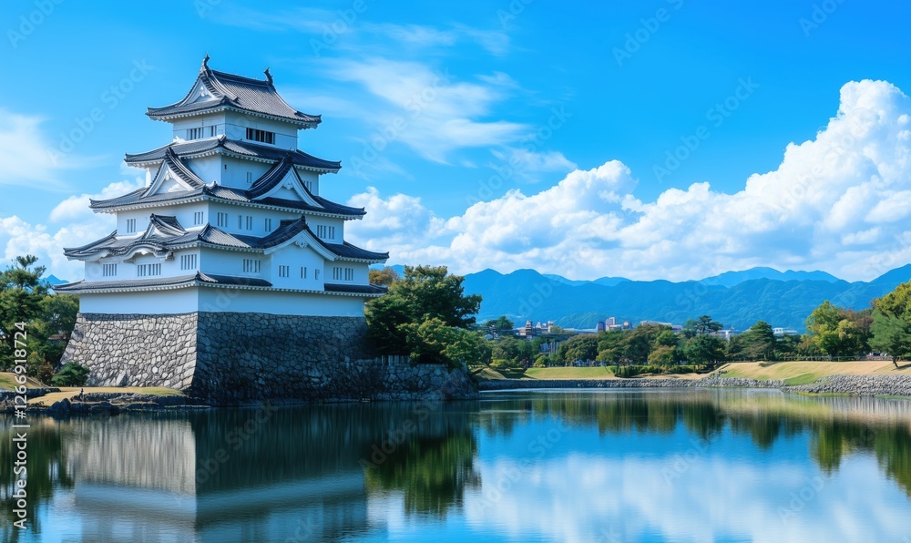 Japanese castle reflecting in serene lake under blue sky with clouds Japanese castle reflecting in serene lake under blue sky with clouds