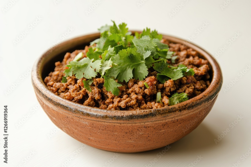 A bowl of seasoned ground meat, garnished with fresh cilantro, offering a flavorful and aromatic culinary experience. A bowl of seasoned ground meat, garnished with fresh cilantro, offering a flavorful and aromatic culinary experience.