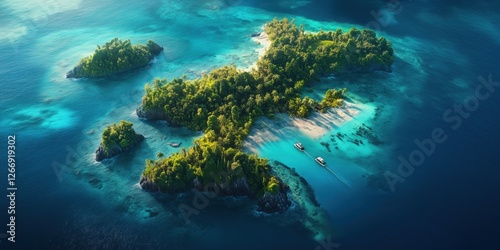 Aerial view of tropical islands with lush greenery and clear blue waters