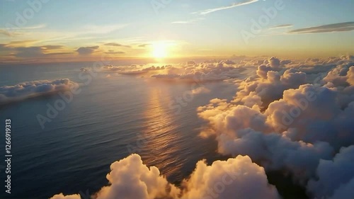 Majestic Aerial View, Golden Sunset Over Ocean with Fluffy Clouds