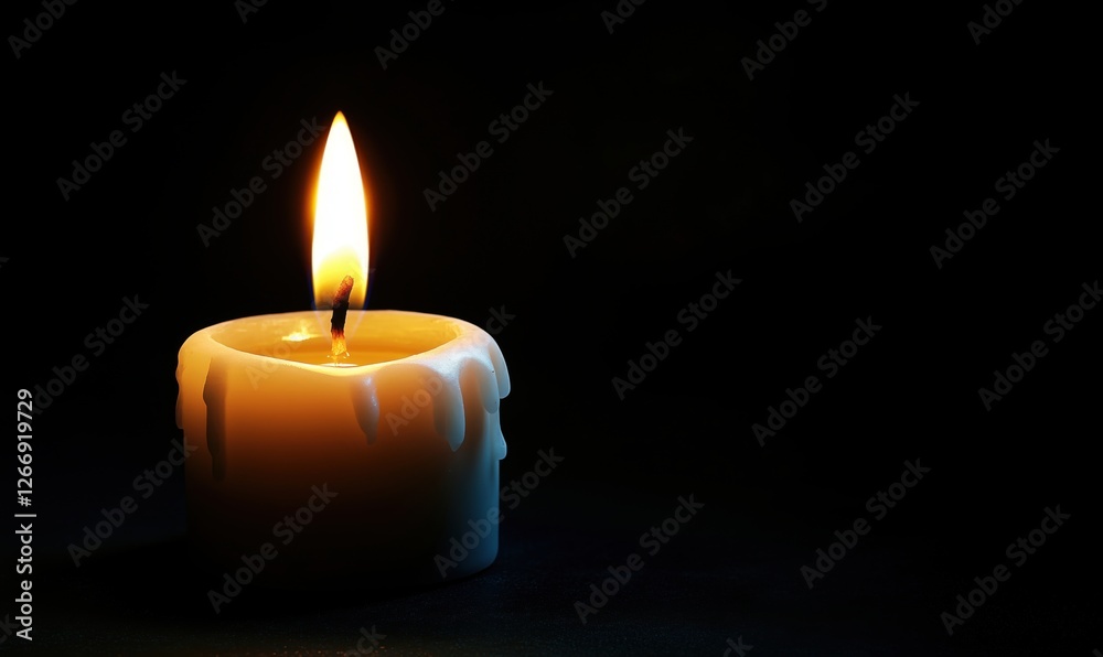 Single lit candle with melting wax in dark background creating serene atmosphere Single lit candle with melting wax in dark background creating serene atmosphere
