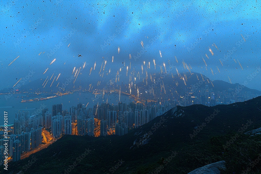 Obraz premium Hong Kong Cityscape at Dusk with Fireworks Rain