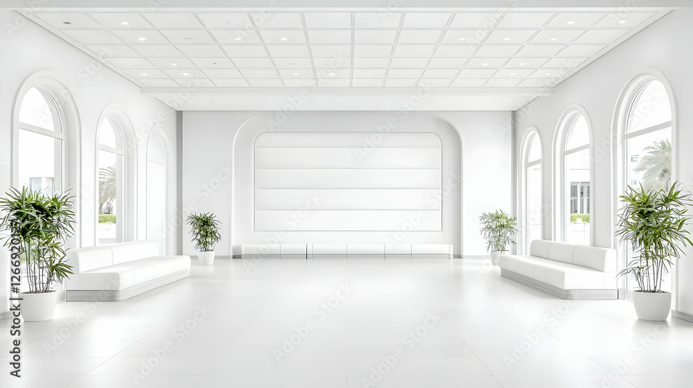 Fototapeta premium Spacious white minimalist lobby features arched windows, comfortable benches, and green potted plants under bright natural light.