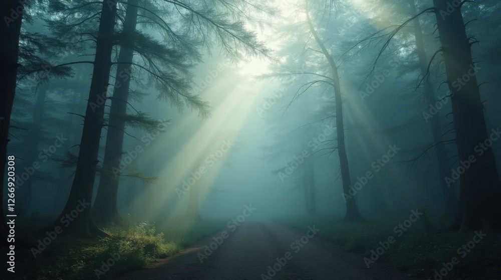 Fototapeta premium Mystical Foggy Forest with Sunrays