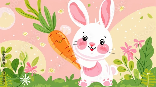 Imagine a whimsical vector rabbit holding a carrot, with a big smile on its face. The scene should be bright and cheerful