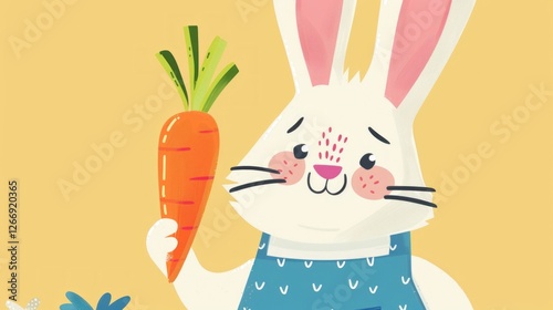 Imagine a whimsical vector rabbit holding a carrot, with a big smile on its face. The scene should be bright and cheerful