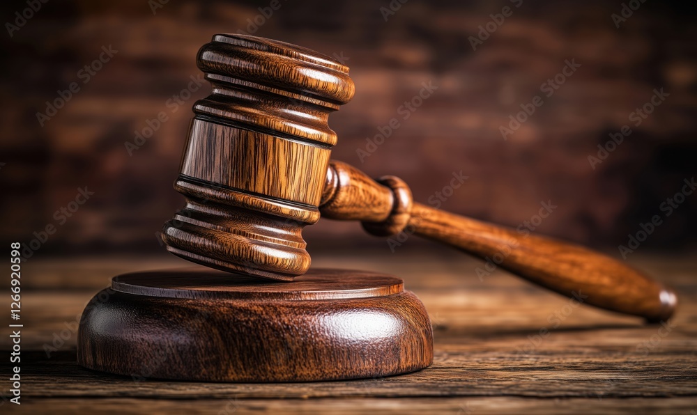 Wooden gavel resting on a sound block symbolizing justice and legal proceedings Wooden gavel resting on a sound block symbolizing justice and legal proceedings