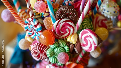 Picture a candy bouquet being assembled for a special occasion. Sticks of candy, chocolate bars, and lollipops are arranged artfully in a vase, creating a beautiful and delicious gift.