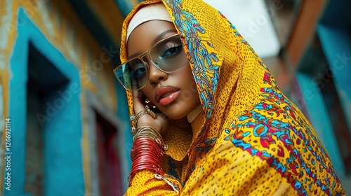 A stylish woman in a vibrant yellow headscarf and glasses poses against colorful urban architecture, showcasing cultural elegance and modern fashion.