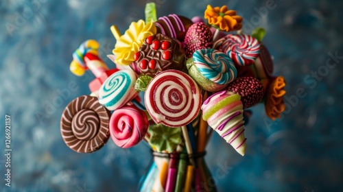 Picture a candy bouquet being assembled for a special occasion. Sticks of candy, chocolate bars, and lollipops are arranged artfully in a vase, creating a beautiful and delicious gift.