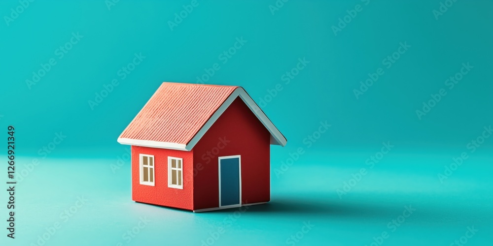 Red paper house model on turquoise background showcasing creativity and design Red paper house model on turquoise background showcasing creativity and design