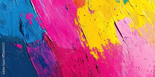 A vibrant abstract painting featuring bold strokes of pink, yellow, and blue, showcasing texture and color interplay.